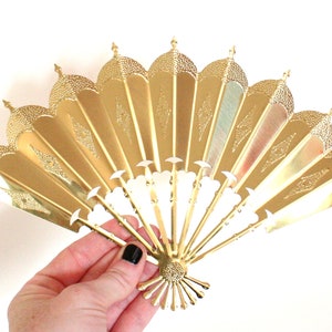 Set of Three Vintage Gold Tone Metal Fan Shaped Wall Hangings with Embossed Details One Larger, Two Smaller image 3