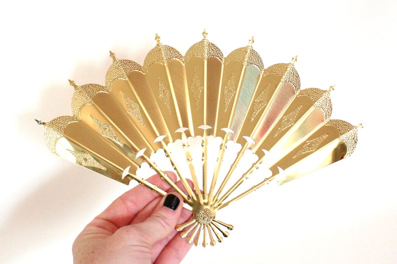 Set of Three Vintage Gold Tone Metal Fan Shaped Wall Hangings with Embossed Details One Larger, Two Smaller image 3