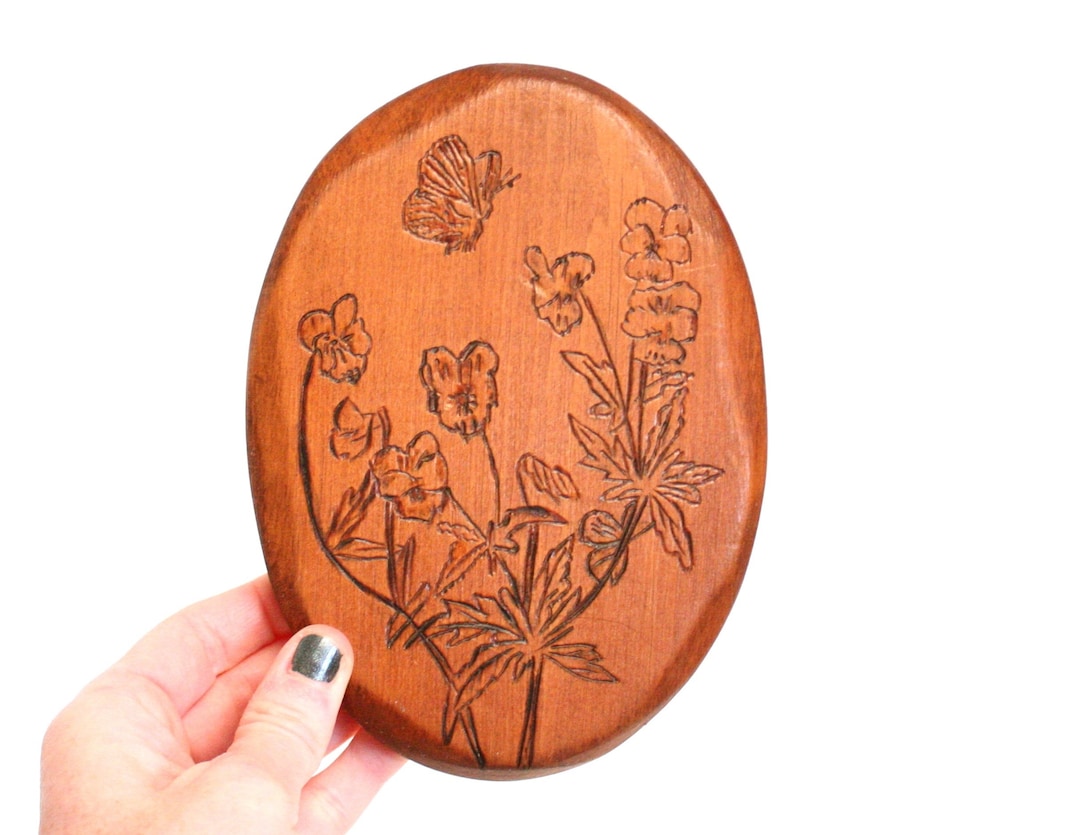 Vintage Handmade Wooden Wall Plaque With Woodburned Floral & Butterfly