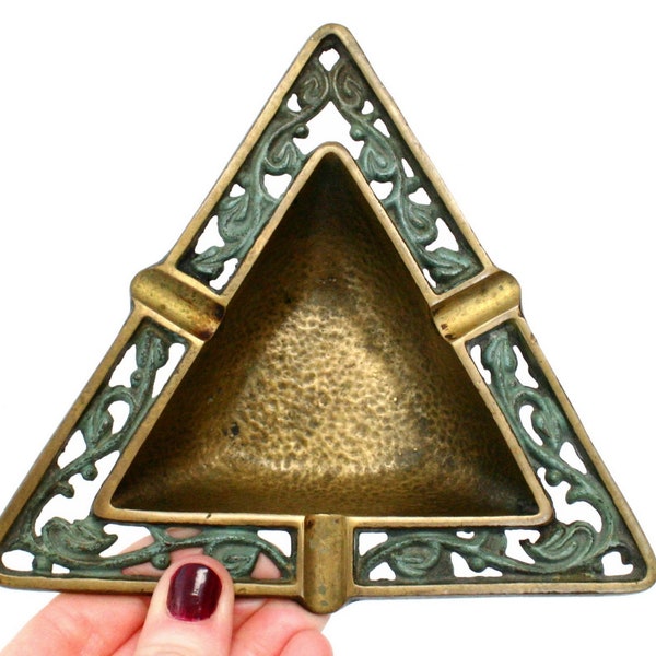 Vintage Triangle Shaped Metal Ashtray with Textured Hammered Interior and Ornate Patinated Border (Made in Israel)