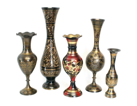 Collection of Five Mismatched Decorative Etched Brass Vases in Different  Shapes, Sizes, & Designs hues of Gold, Black, and Red 