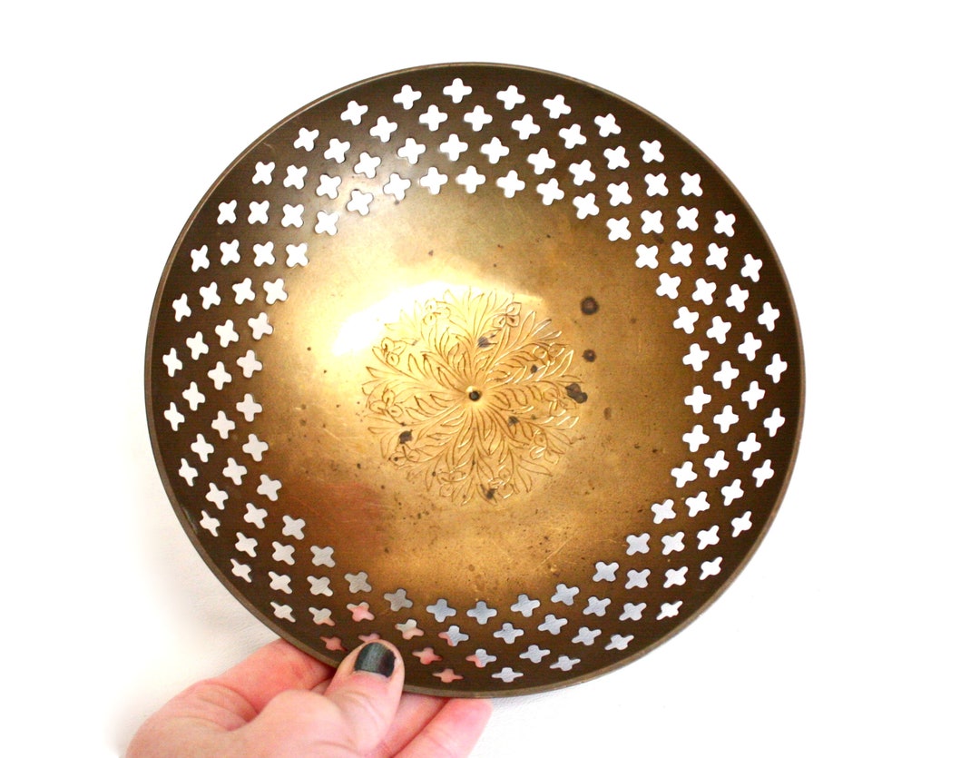 Vintage Brass Bowl With Quatrefoil Shaped Cut Outs & Etched Etsy