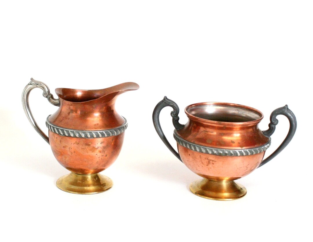 Vintage Mixed Metal Silver on Copper Double Plate Cream & Sugar Set