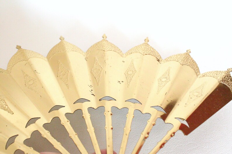 Set of Three Vintage Gold Tone Metal Fan Shaped Wall Hangings with Embossed Details One Larger, Two Smaller image 5