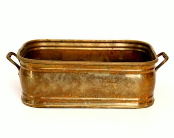 Vintage Rectangular Shaped Brass Planter with Handles on Ends & Aged Patina (Made in India)