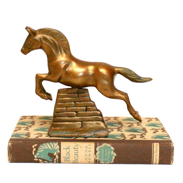 Vintage Brass Figurine of Horse Jumping Over a Brick Wall with Aged Patina