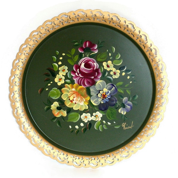 Large Round Vintage Metal Toleware Tray with Hand Painted Floral Design on Green Background with Gold Filigree Border (Nashco Products)