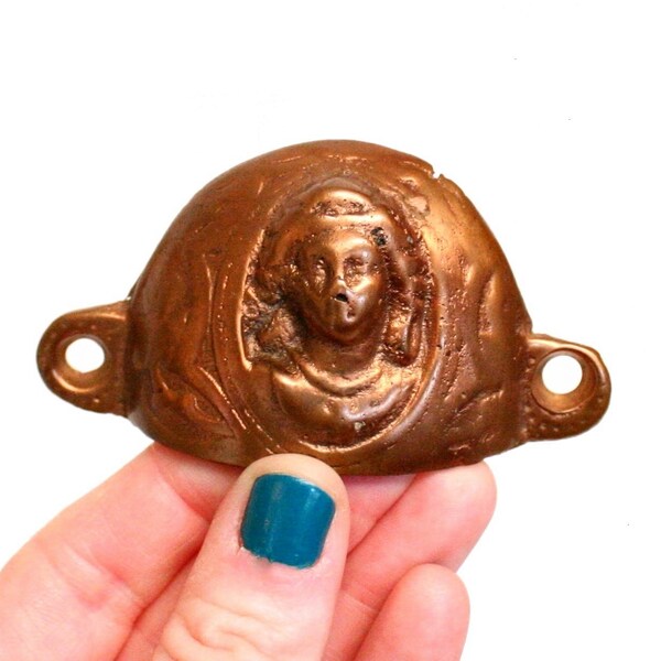 Single Vintage Brass Cup Style Drawer Pull with Woman's Face