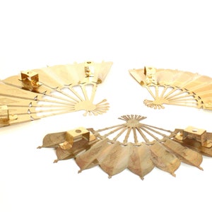 Set of Three Vintage Gold Tone Metal Fan Shaped Wall Hangings with Embossed Details One Larger, Two Smaller image 6