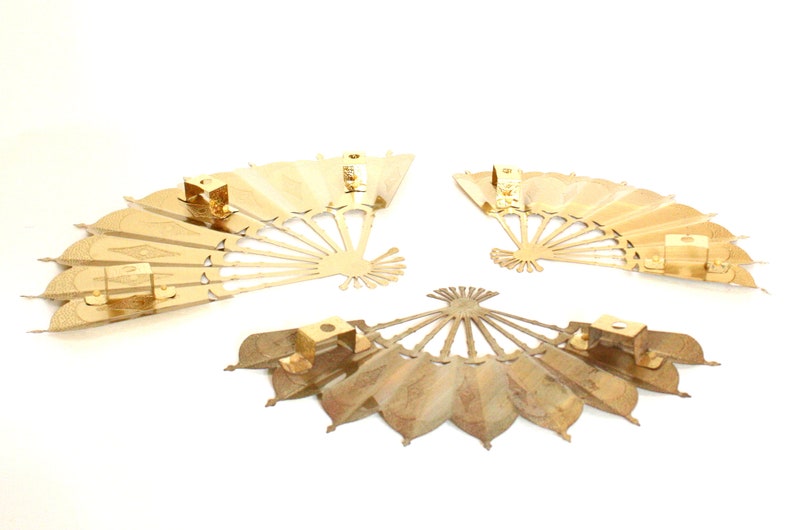 Set of Three Vintage Gold Tone Metal Fan Shaped Wall Hangings with Embossed Details One Larger, Two Smaller image 6