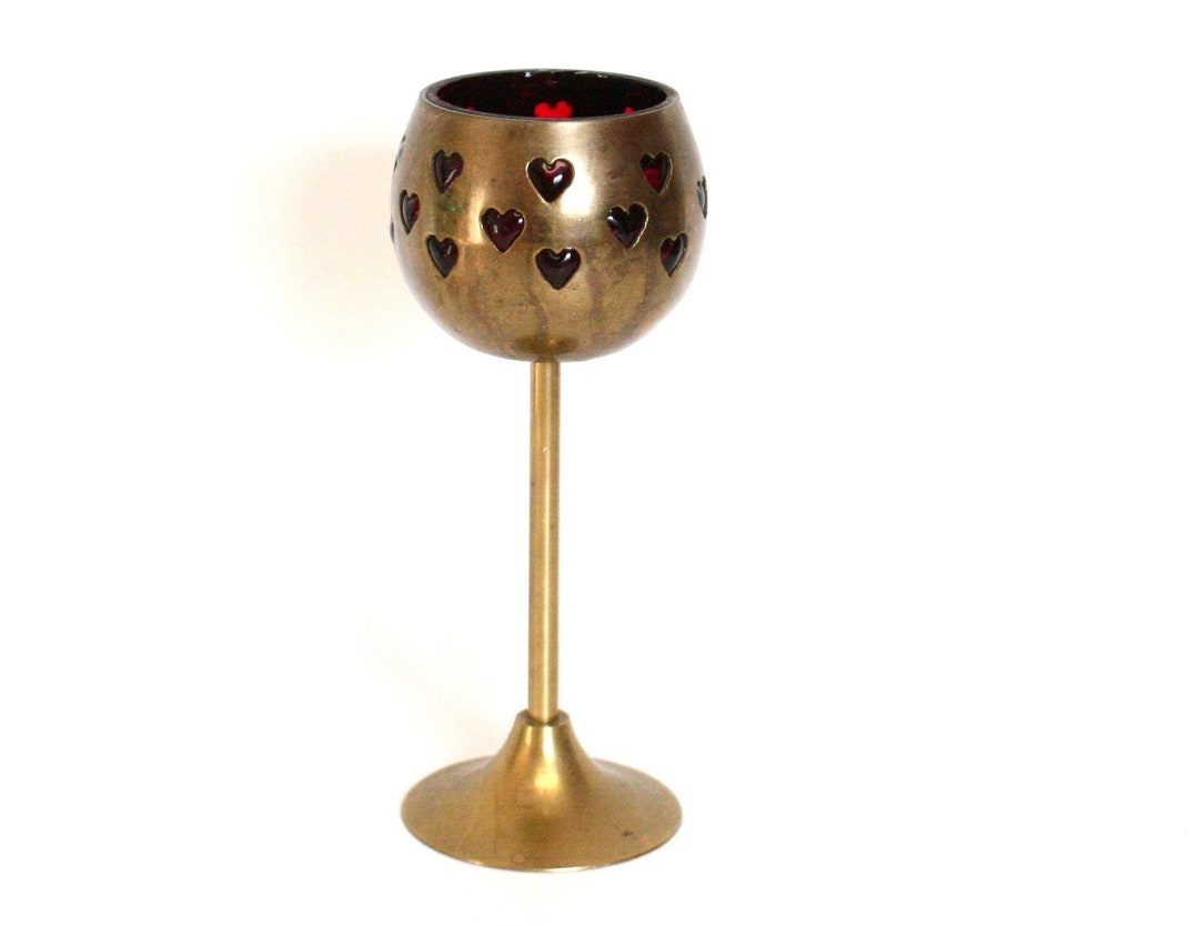 Vintage Brass Votive Candle Holder With Red Glass Interior, Heart Shaped Cut Outs, & Stemmed