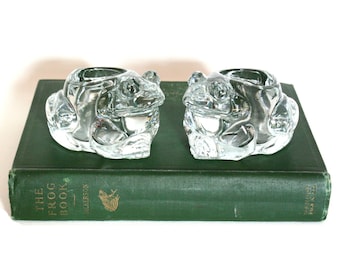 Pair of Clear Glass Frog Shaped Votive or Tealight Candle Holders