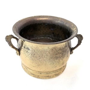 Round Hammered Brass Cachepot Planter with Handles & Aged Patina (Hampton Brass)