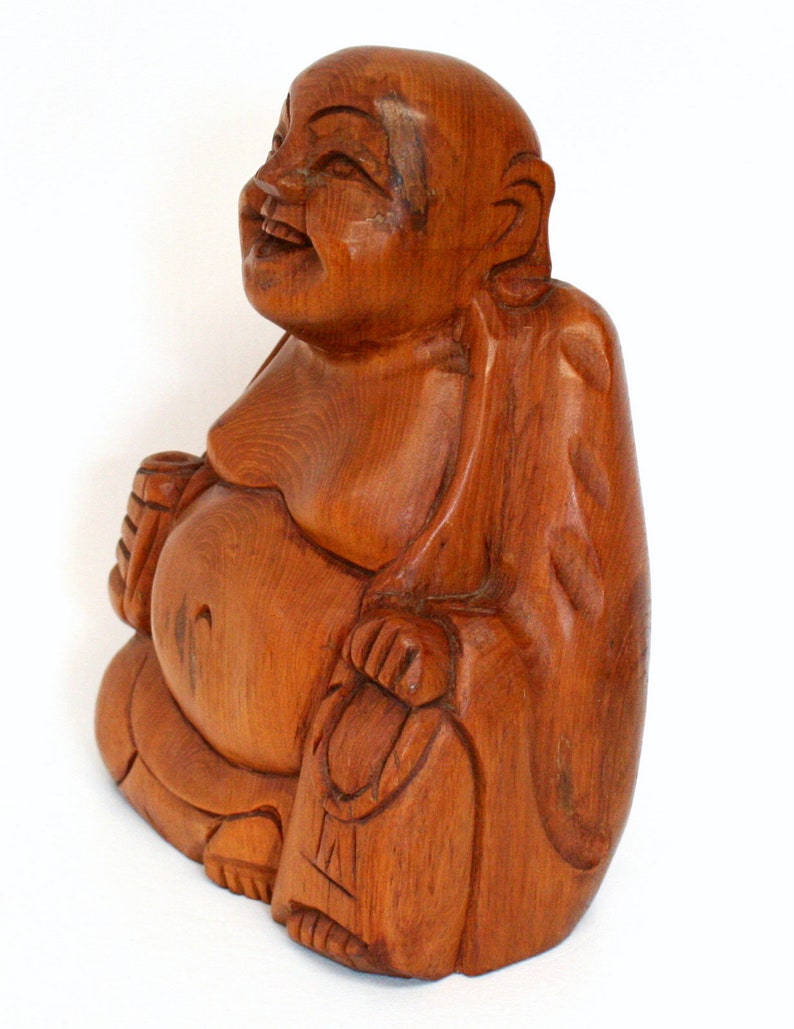 Large Carved Wooden Laughing Buddha Statue 11 Tall Etsy