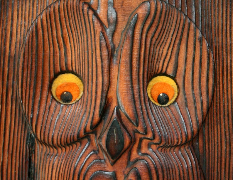 Large Vintage Carved Wooden Owl Wall Hanging with Yellow & Etsy