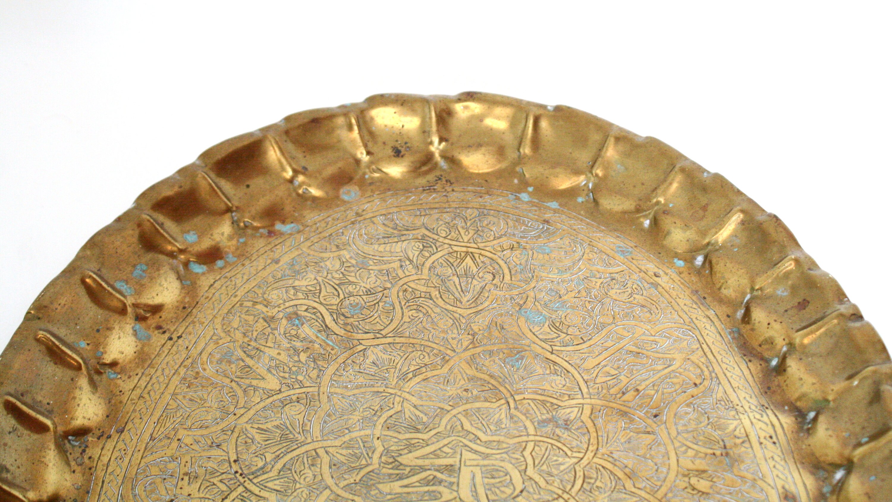 Vintage Oval Shaped Brass Tray With Ornate Etched Design & Aged Patina as  Is 
