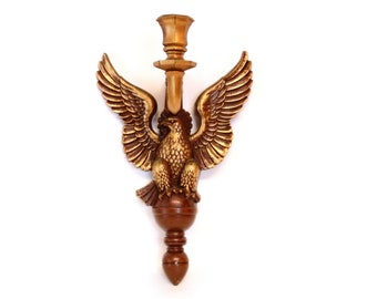 Single Vintage Wall Sconce Candle Holder with Eagle Motif and Brown & Gold Colored Finish (Syroco 1961)