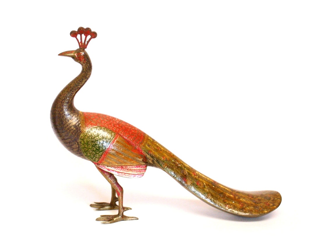 Large Vintage Brass Peacock Figurine With Etched Details & Colorful