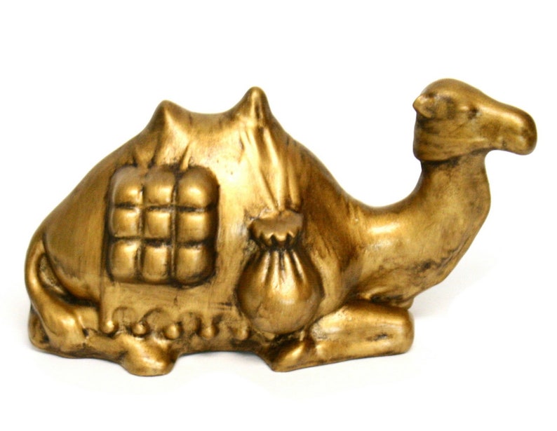 Large Vintage Ceramic Seated Nativity Camel Figurine with Gold Painted Finish 9.5 Long, Stamped 1968