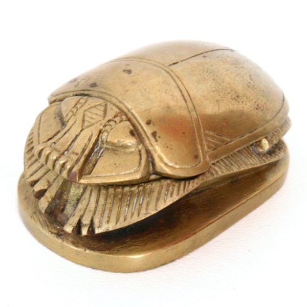 Detailed Vintage Brass Scarab Beetle Trinket Box with Hinged Lid & Hieroglyphics on Bottom