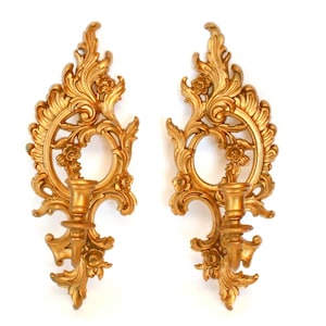 Pair of Vintage Wall Sconce Candle Holders with Ornate Floral Motif & Gold Colored Finish by Syroco 1962
