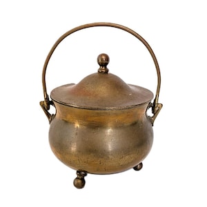 Vintage Aged Brass Cauldron or Smudge Pot with Hinged Handle, Footed Base, & Removable Lid