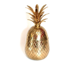 Large Vintage Brass Pineapple Jar with Candle Holder on Removable Lid (9.5&quot; Tall)