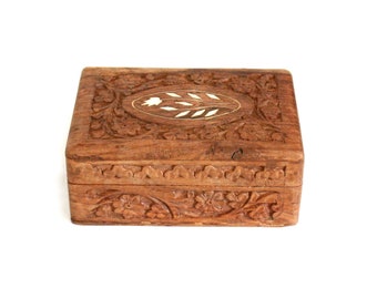 Vintage Carved Wooden Trinket Storage Box with White Inlaid Floral Design on Hinged Lid & Blue Fabric Interior