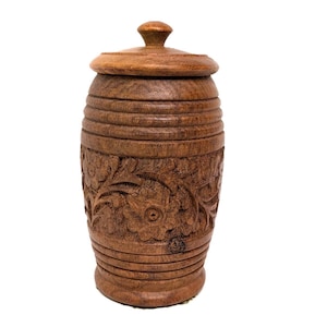Vintage Carved Wooden Jar with Floral Motif & Removable Lid