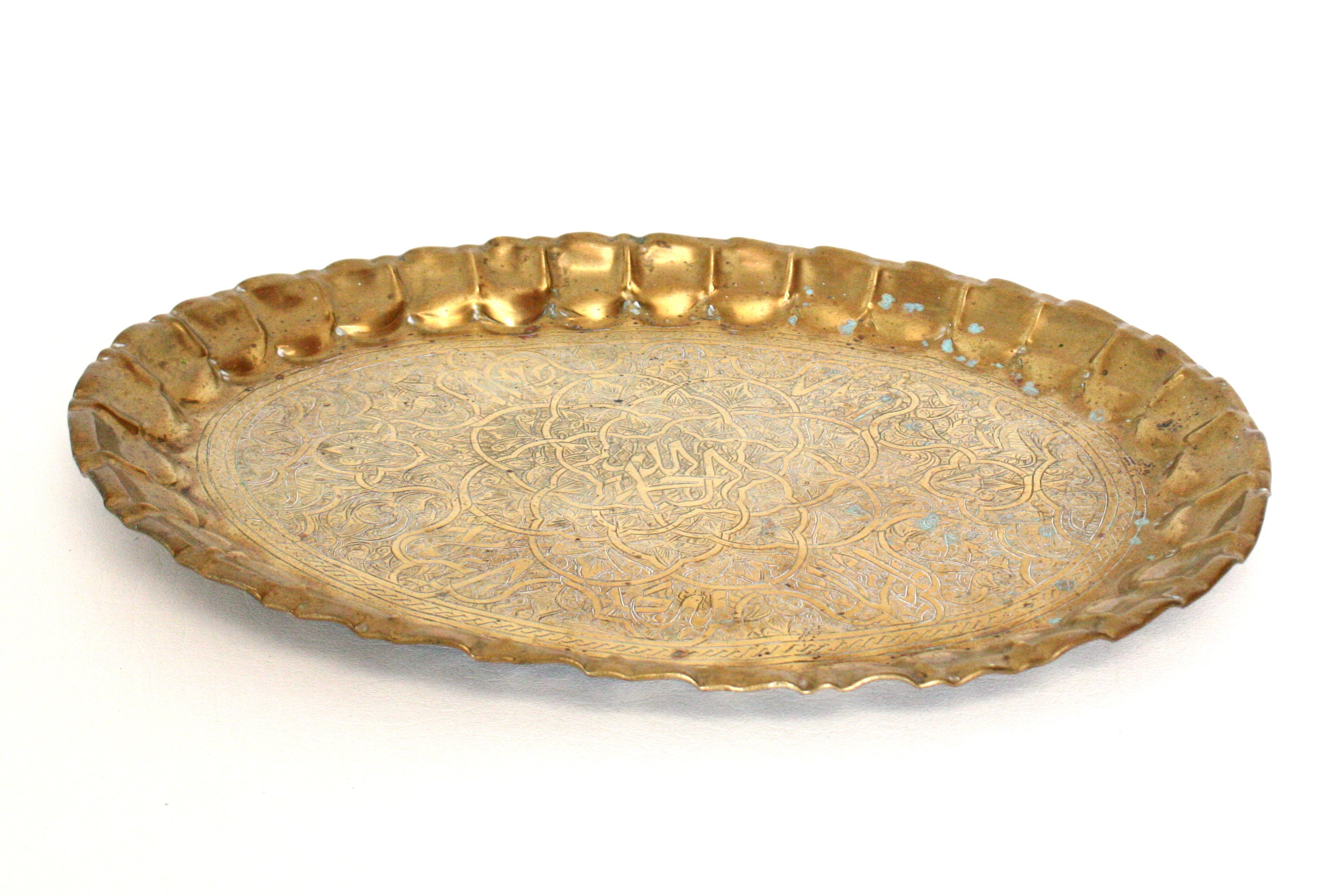 Vintage Oval Shaped Brass Tray With Ornate Etched Design & Aged