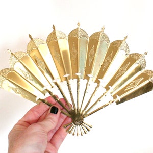 Set of Three Vintage Gold Tone Metal Fan Shaped Wall Hangings with Embossed Details One Larger, Two Smaller image 4