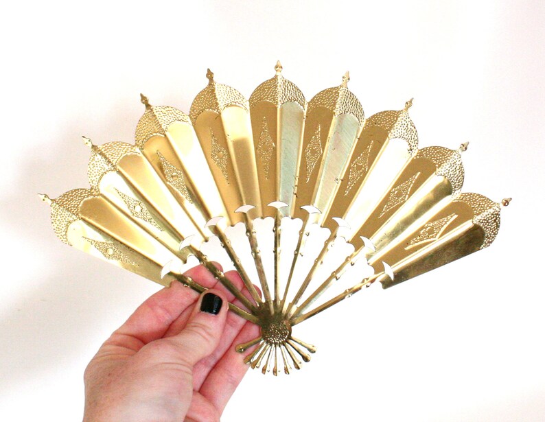 Set of Three Vintage Gold Tone Metal Fan Shaped Wall Hangings with Embossed Details One Larger, Two Smaller image 4
