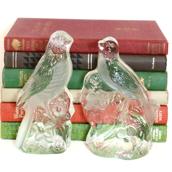 Pair of Vintage Clear & Frosted Glass Bird Figurines or Bookends by Viking