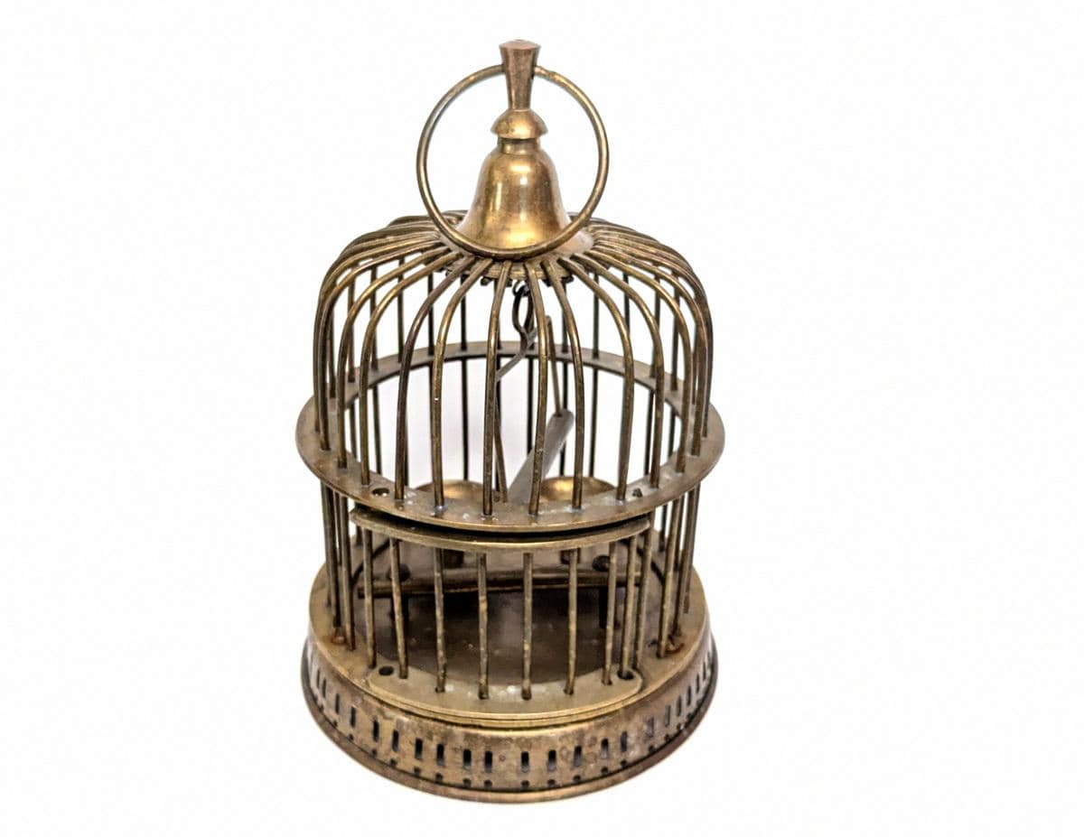 Large Vintage Decorative Brass Birdcage with Swinging Perch Inside & Hanging Loop on Top