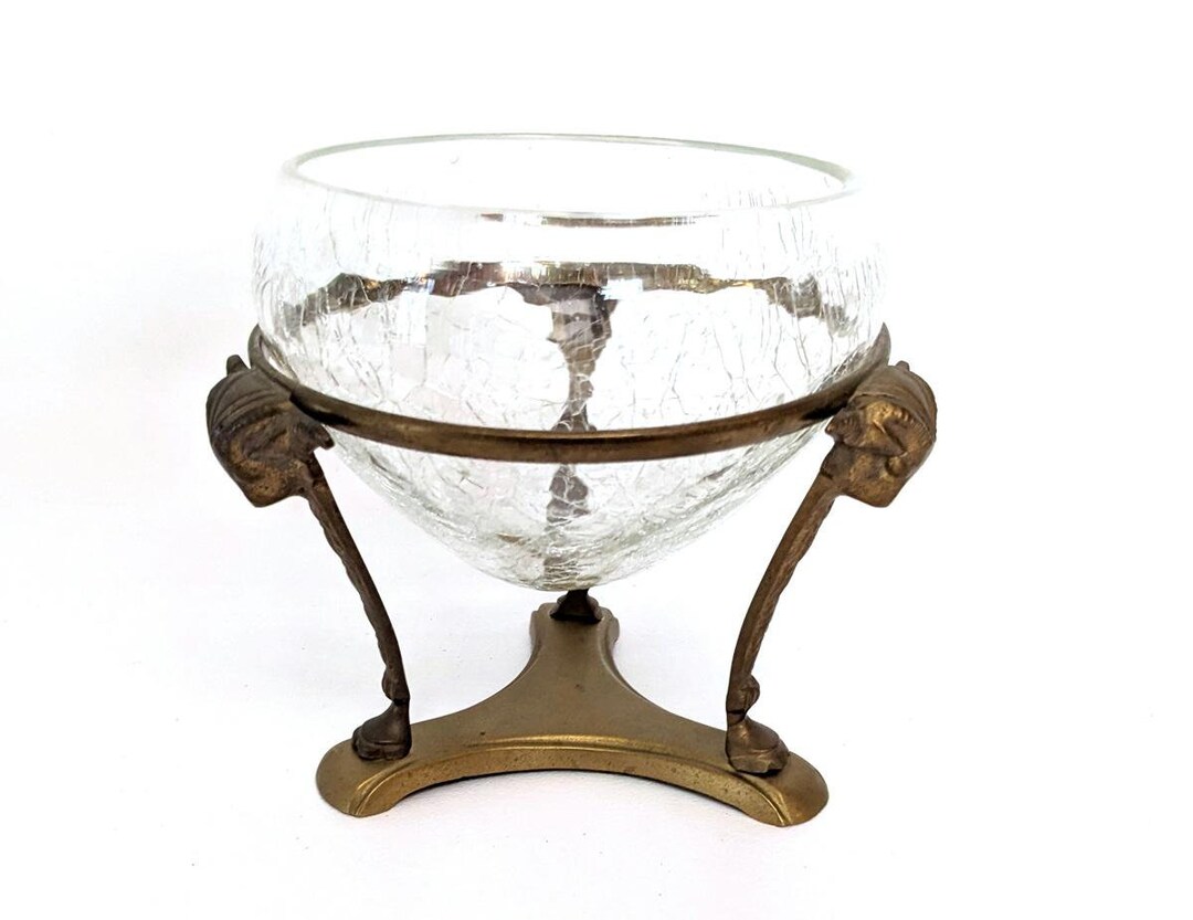 Vintage Brass Ram Head Stand With Crackled Glass Bowl For Candle