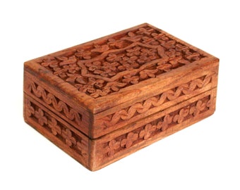 Vintage Wooden Trinket Storage Box with Carved Floral Motif & Hinged Lid (Made in India) - As Is