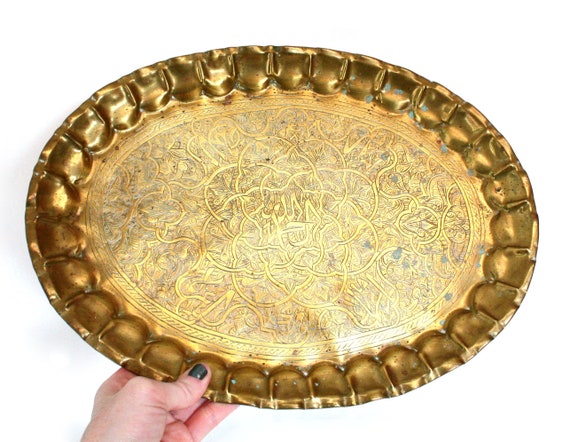 Vintage Oval Shaped Brass Tray With Ornate Etched Design & Aged Patina as  Is 