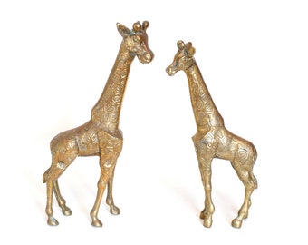 Pair of Large Vintage Brass Giraffe Figurines in Different Sizes (12.25" & 11.25" Tall)