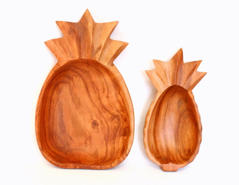 Pair of Wooden Pineapple Shaped Serving Bowls in Two Different Sizes Made of Kamani Wood