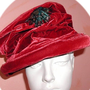 1940's ~ Velvet Hat - Steampunk ~ Gothic ~ Tippy - Top Hat - 21 In ~ Fascinator ~ Red~ Celluloid Sequin Pin