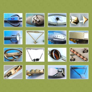 14 piezas ~ Vintage ~ Pasadores de corbata ~ Cristal de ojo de tigre, Tono plateado, Moderno de mediados de siglo, Aurora, Juego de rombos de los años 40, MOP, Hot Rod, Barra de los años 40 con cadena Monogram