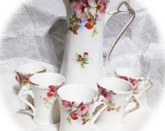 1905~ Art Nouveau~ Bavarian Chocolate Pot w Cups~ Poppies~ Bone China~ Gold Guilding~ Signed~ Cabinet Pieces~