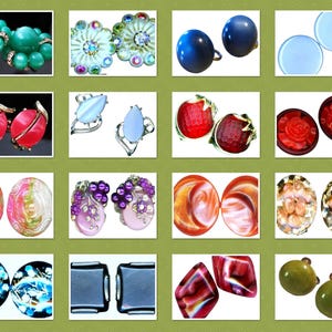 Op de afbeelding: Een verzameling vintage oorbellen in verschillende stijlen en kleuren. De oorbellen omvatten clip-ons, studs en bungelende oorbellen. Kleuren zijn onder meer turquoise, wit, blauw, rood, roze, paars, oranje en groen. Sommige oorbellen hebben bloemmotieven.