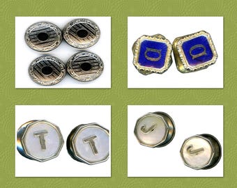 8 Pair~ Vintage Cuff Links, Onyx, Mother of Pearl, 1950s Formal Set, Momogramed letters.