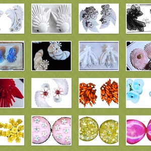 May include: A collection of handmade earrings in various styles and colors. The earrings include white, blue, red, orange, and yellow designs. Some earrings feature floral and geometric patterns, while others have beaded or sequined accents.