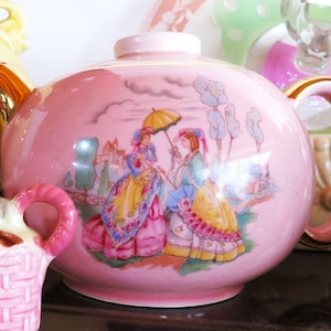 Tetera de loza rosa, década de 1930, estilo So. Bell, con transferencia de oro de 22 kt de WS George