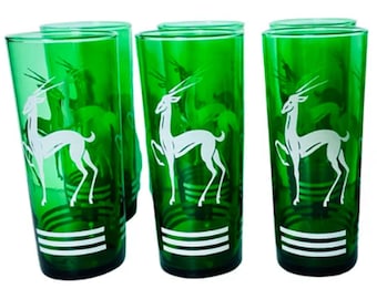 MCM Gazelle, Tom Collins, Highball Glasses, Hazel Atlas, Green and White, 7 pc set, Gold Rack