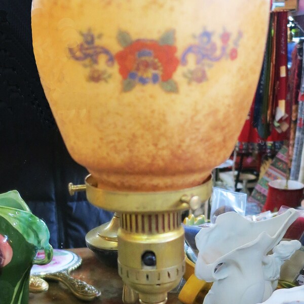 1920's Lamp w Reticulate Urn Cast Base & Antique Stenciled Glass Shade