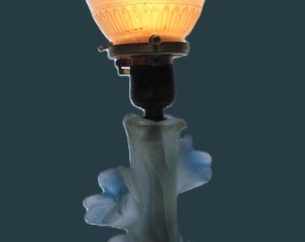 1930's Houze Floral Frosted Glass Lamp~ Reverse Painted Base W 1930's Painted Floral Glass Shade~ Rewired, 12" H