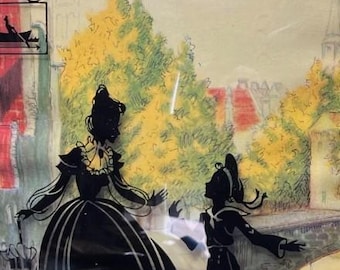 1930s Benton Glass Silhouette Art: Gondola Scene Reverse Painting